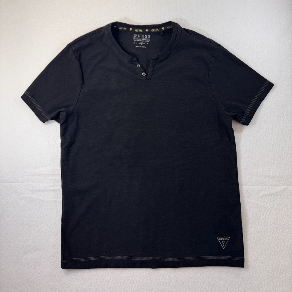 Guess Mens Henley Short Sleeve Shirt Black L Logo Casual Organic Cotton EUC